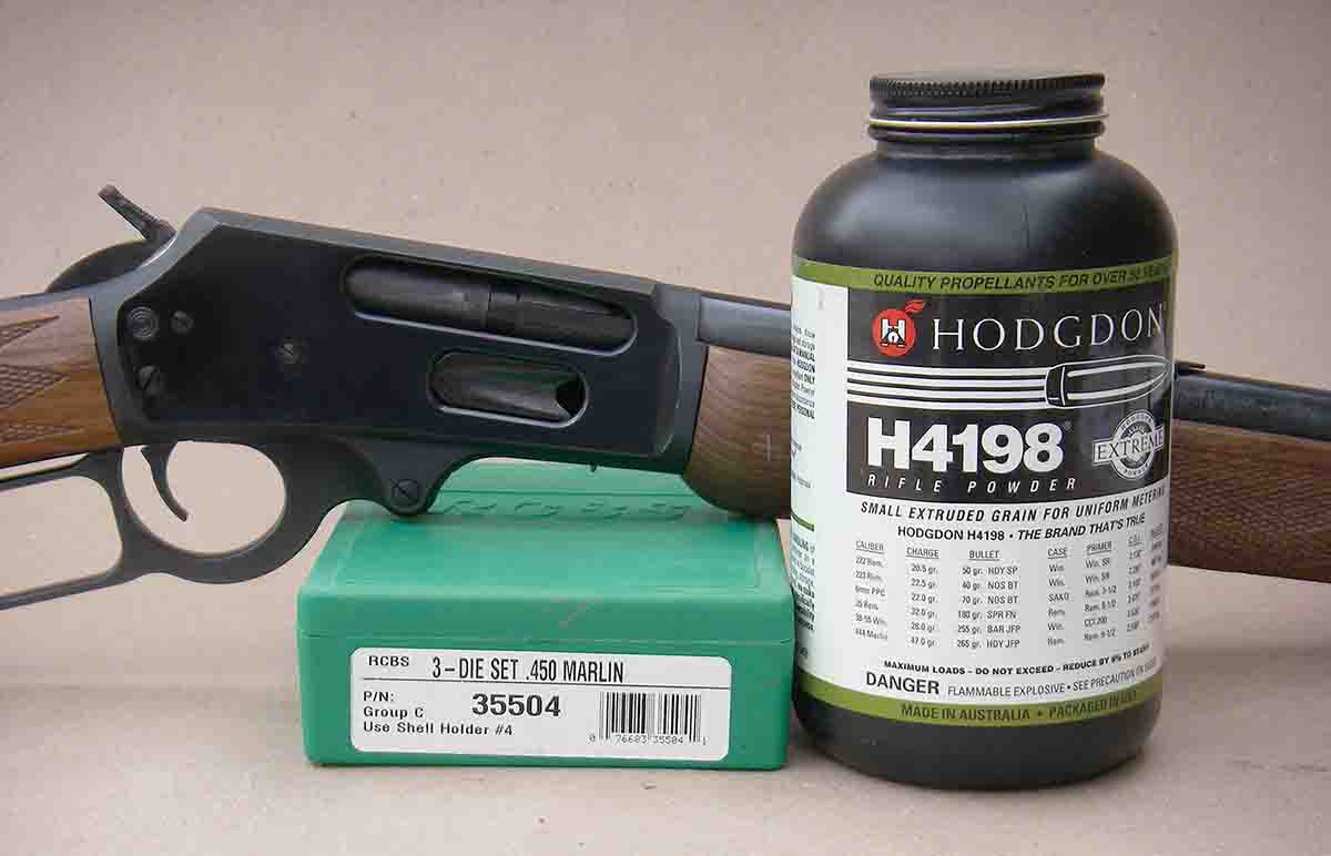 Hodgdon H-4198 powder will duplicate Hornady’s .450 Marlin factory loads.